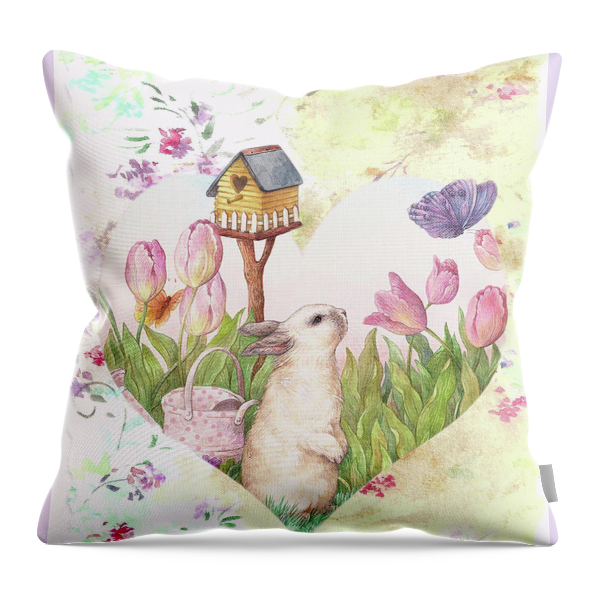 Soft Nursery Wall Art Throw Pillow featuring the painting Sweet Heart Bunny and Butterfly by Judith Cheng