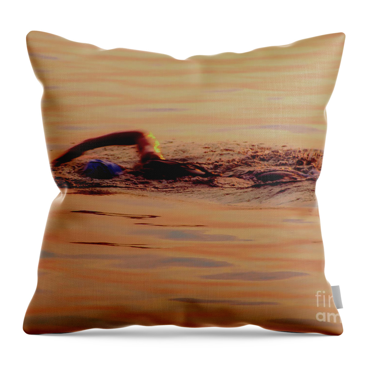 Chicago Throw Pillow featuring the photograph Swimmer 1 Chicago Triathlon swimmer at sunrise Lake Michigan by Tom Jelen