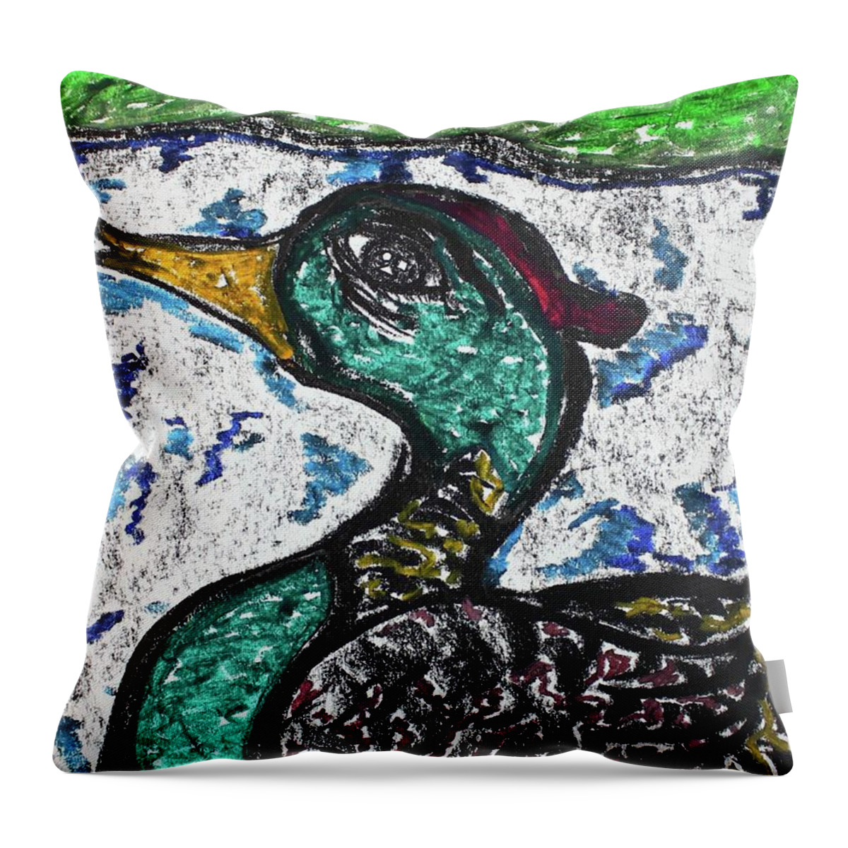 Charcoal Throw Pillow featuring the pastel Swimming Duck by Odalo Wasikhongo