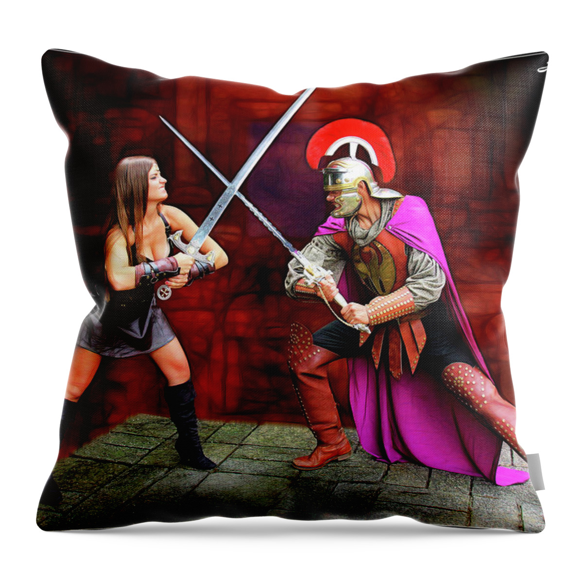 Xena Throw Pillow featuring the photograph Sword Fight Xena vs Roman by Jon Volden