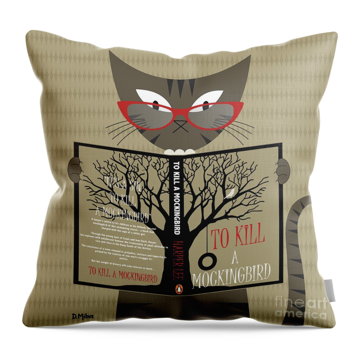 Mid Century Modern Throw Pillow featuring the digital art Tabby Cat Reading by Donna Mibus