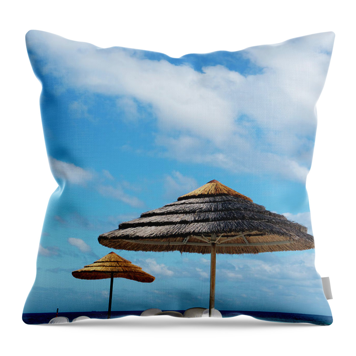 Tranquility Throw Pillow featuring the photograph Table And Chairs On Sand, Amedee Island by Oliver Strewe