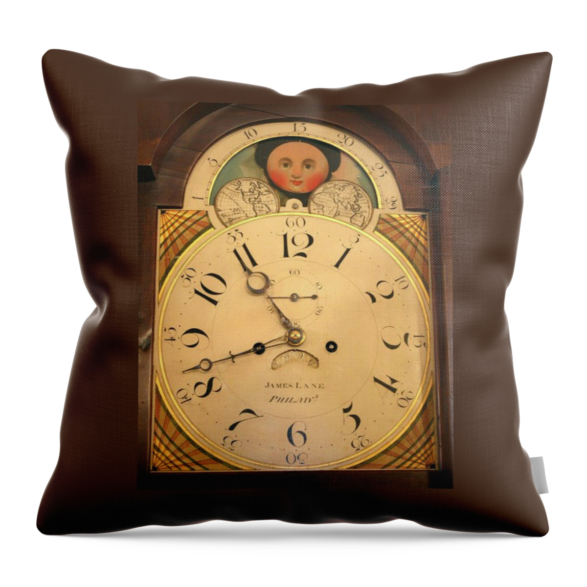 Lane Throw Pillow featuring the mixed media Tall case clock face, around 1816 by James Lane