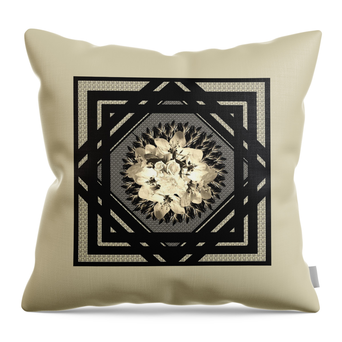 Tan Throw Pillow featuring the digital art Tan and Black Floral Motif Pillow for Home Decor by Delynn Addams