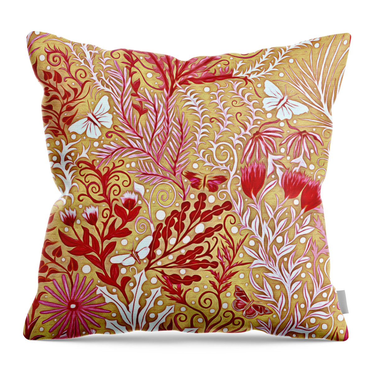 Lise Winne Throw Pillow featuring the mixed media Tapestry Design with red and pink on a gold background by Lise Winne