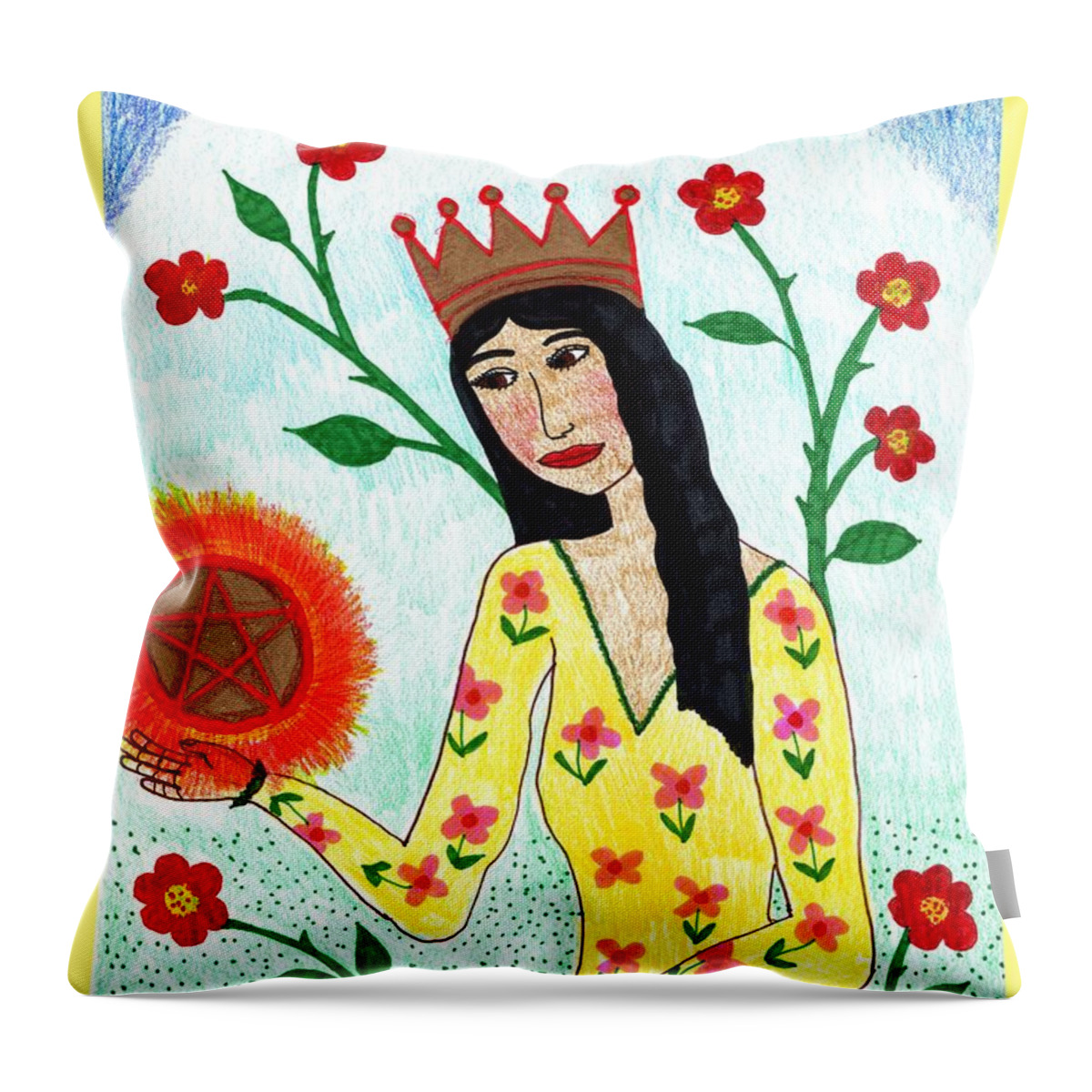 Tarot Throw Pillow featuring the drawing Tarot of the Younger Self Queen of Pentacles by Sushila Burgess