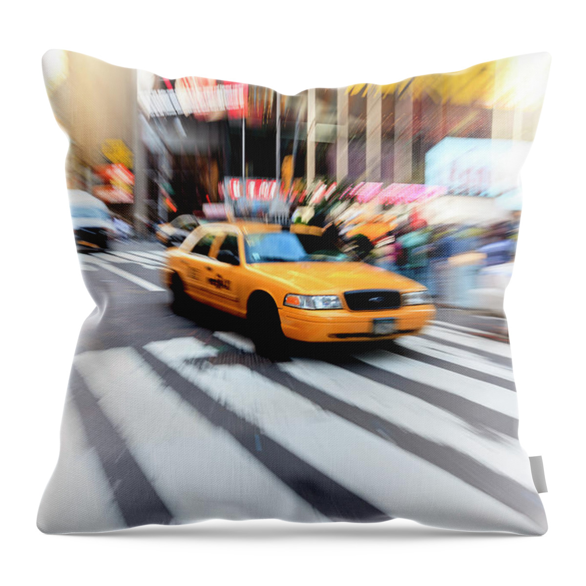 Blurred Motion Throw Pillow featuring the photograph Taxi & Reflections, Times Square, New by Fred Froese