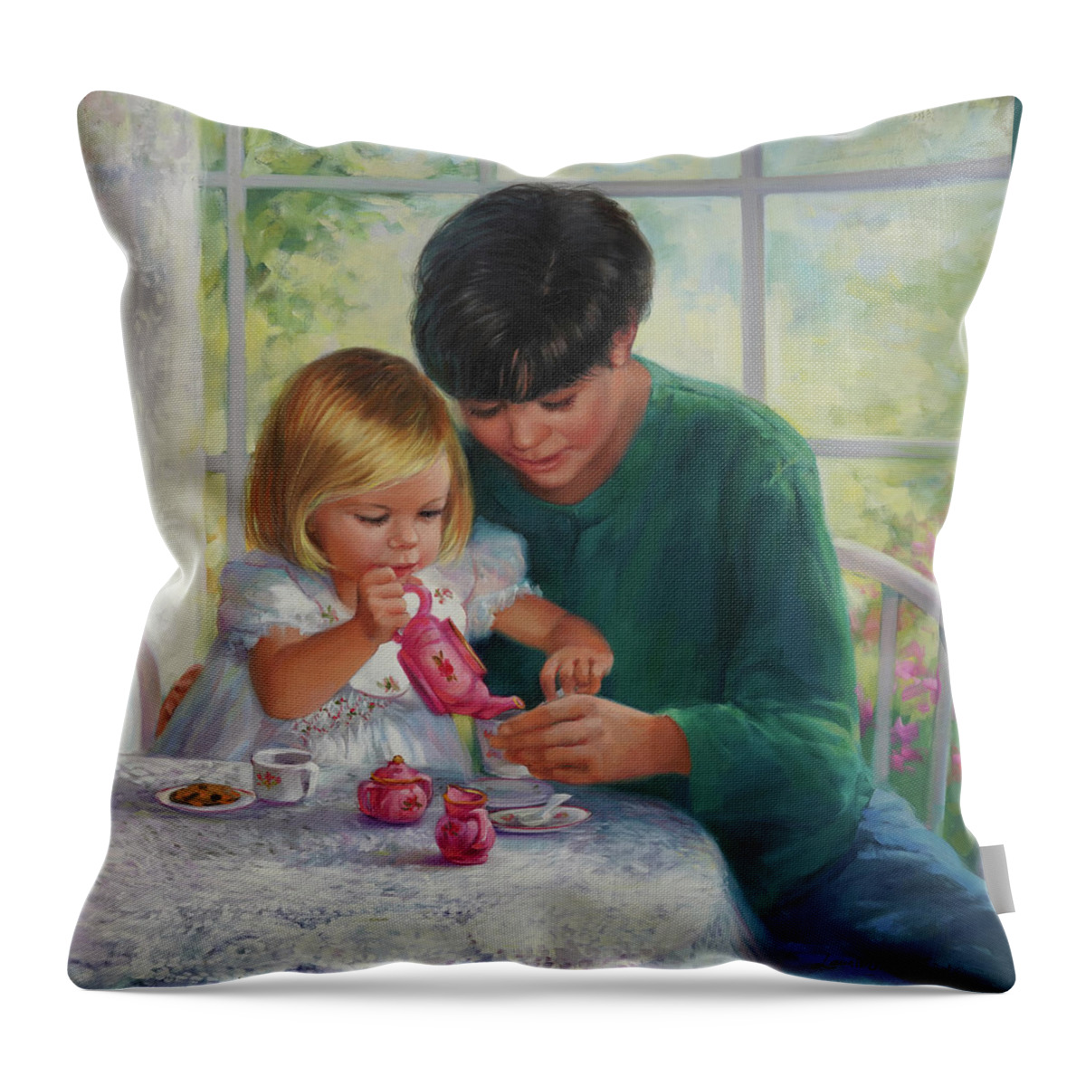 Mother And Daughter Throw Pillow featuring the painting Tea for two by Laurie Snow Hein
