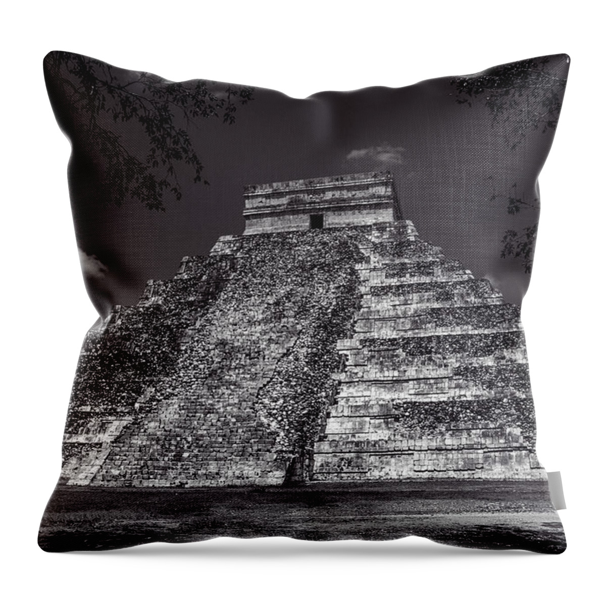 Yucatan Throw Pillow featuring the photograph Temple of Kukulcan Black and White by Roy Pedersen