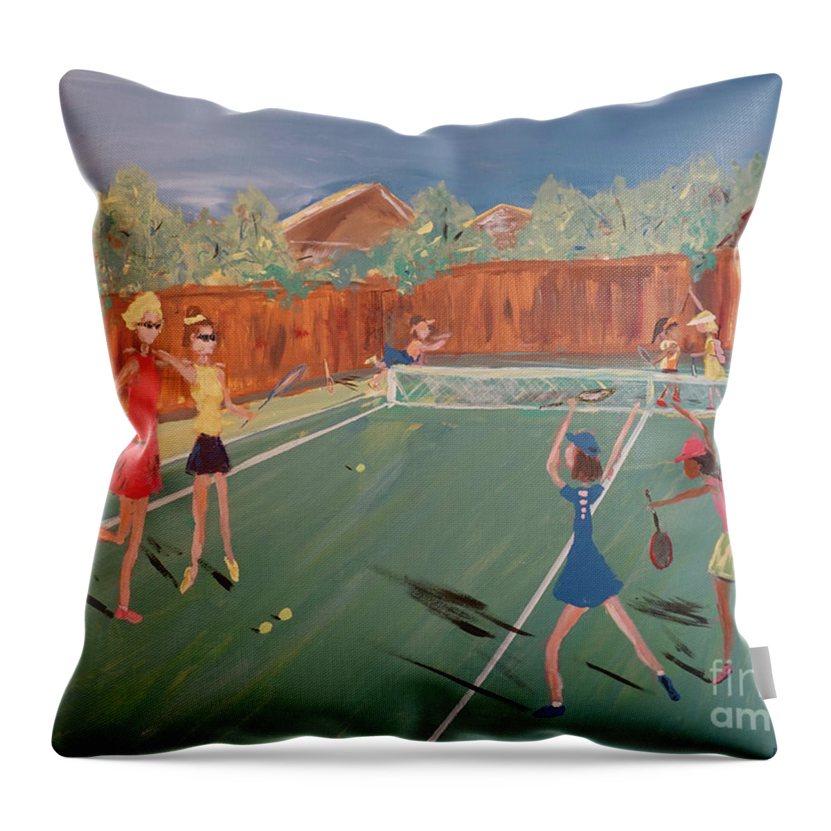 Tennis Girls Throw Pillow featuring the painting Tennis Girls by Patty Donoghue