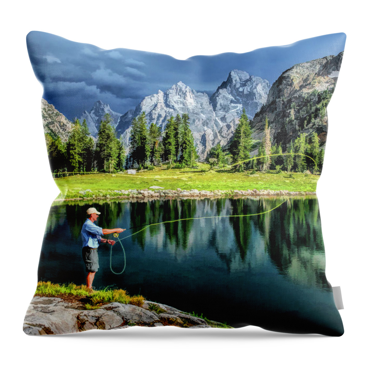 Teton Throw Pillow featuring the painting Grand Teton National Park Mountain Lake Fishing by Christopher Arndt