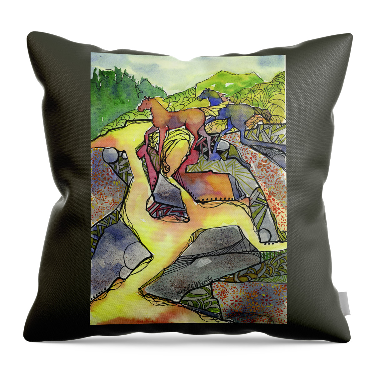 Tevis Throw Pillow featuring the painting Tevis Ponies by Joan Chlarson