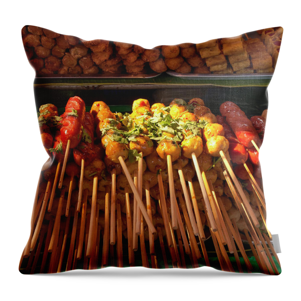 Heap Throw Pillow featuring the photograph Thailand Skewers Of Grilled Meats by M Timothy O'keefe
