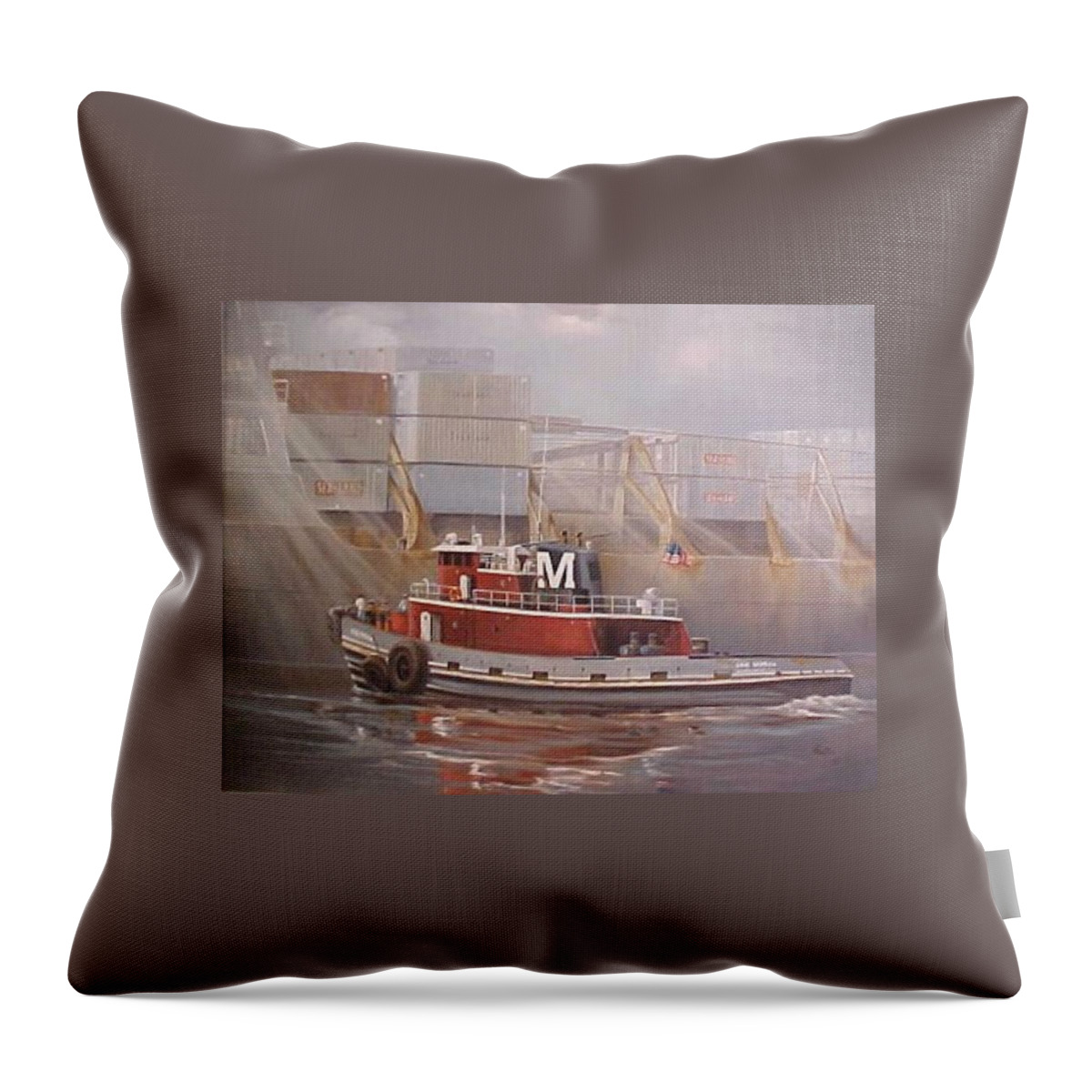 Ann Moran Throw Pillow featuring the painting The Ann Moran Tugboat by Teresa Trotter