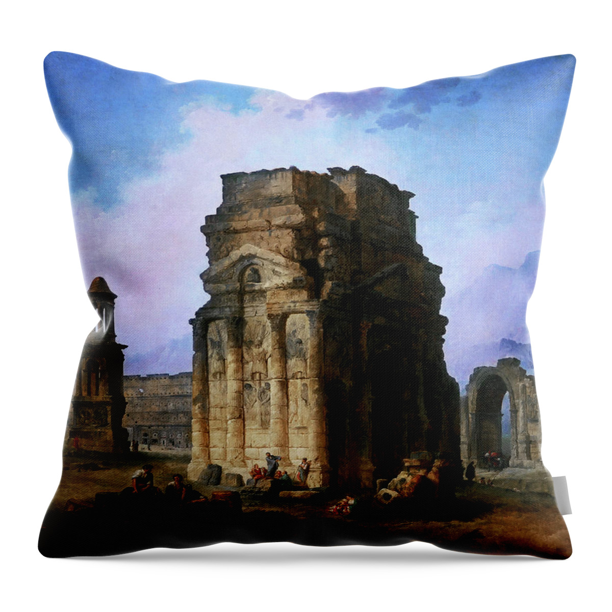 Arc De Triomphe Throw Pillow featuring the painting The Arc de Triomphe and the Theatre of Orange by Hubert Robert by Rolando Burbon