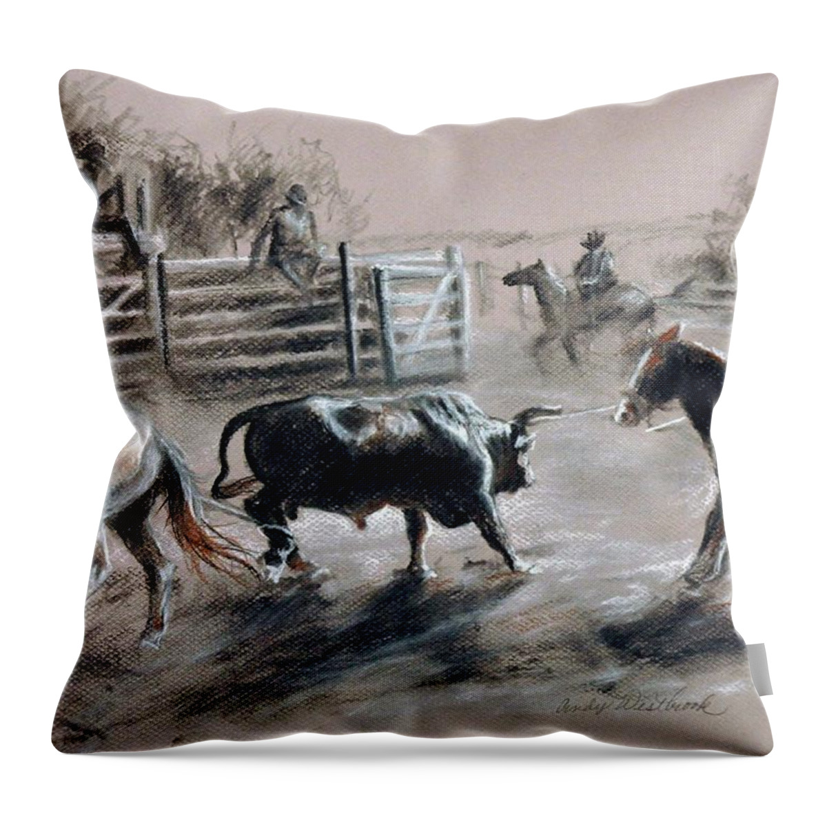 Bull Throw Pillow featuring the drawing The Bad Boy by Cynthia Westbrook