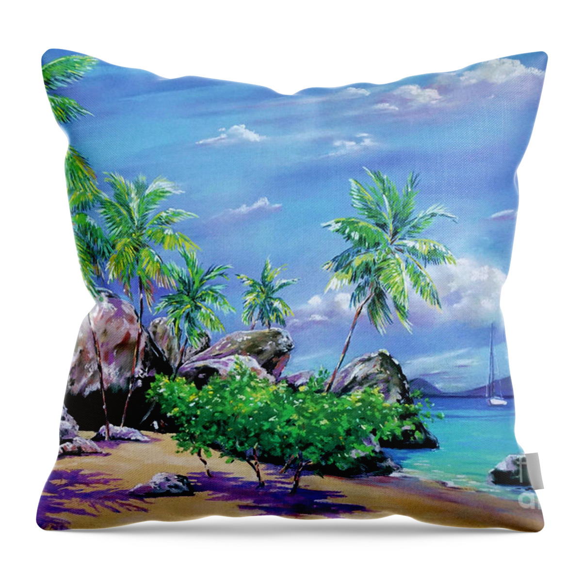 Cayman Throw Pillow featuring the painting The Baths at Virgin Gorda  15x23 by John Clark