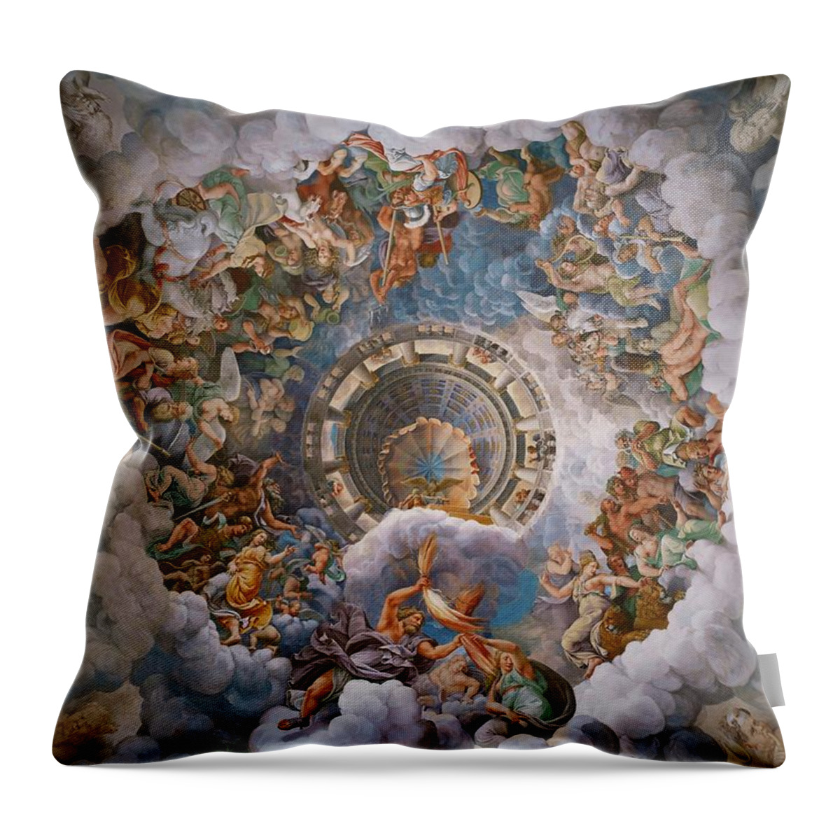 Giulio Romano Throw Pillow featuring the painting The Battle of the Giants. Detail from the Hall of the Giants. by Giulio Romano -c 1499-1546-