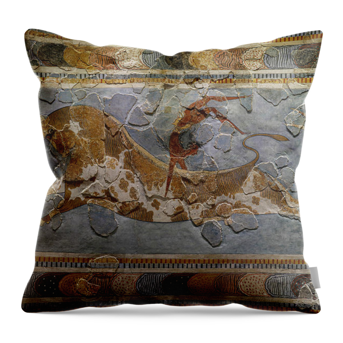 Acrobat Throw Pillow featuring the painting The Bull Leaping Fresco. Found Knossos, 1600-1400 Bc by Minoan