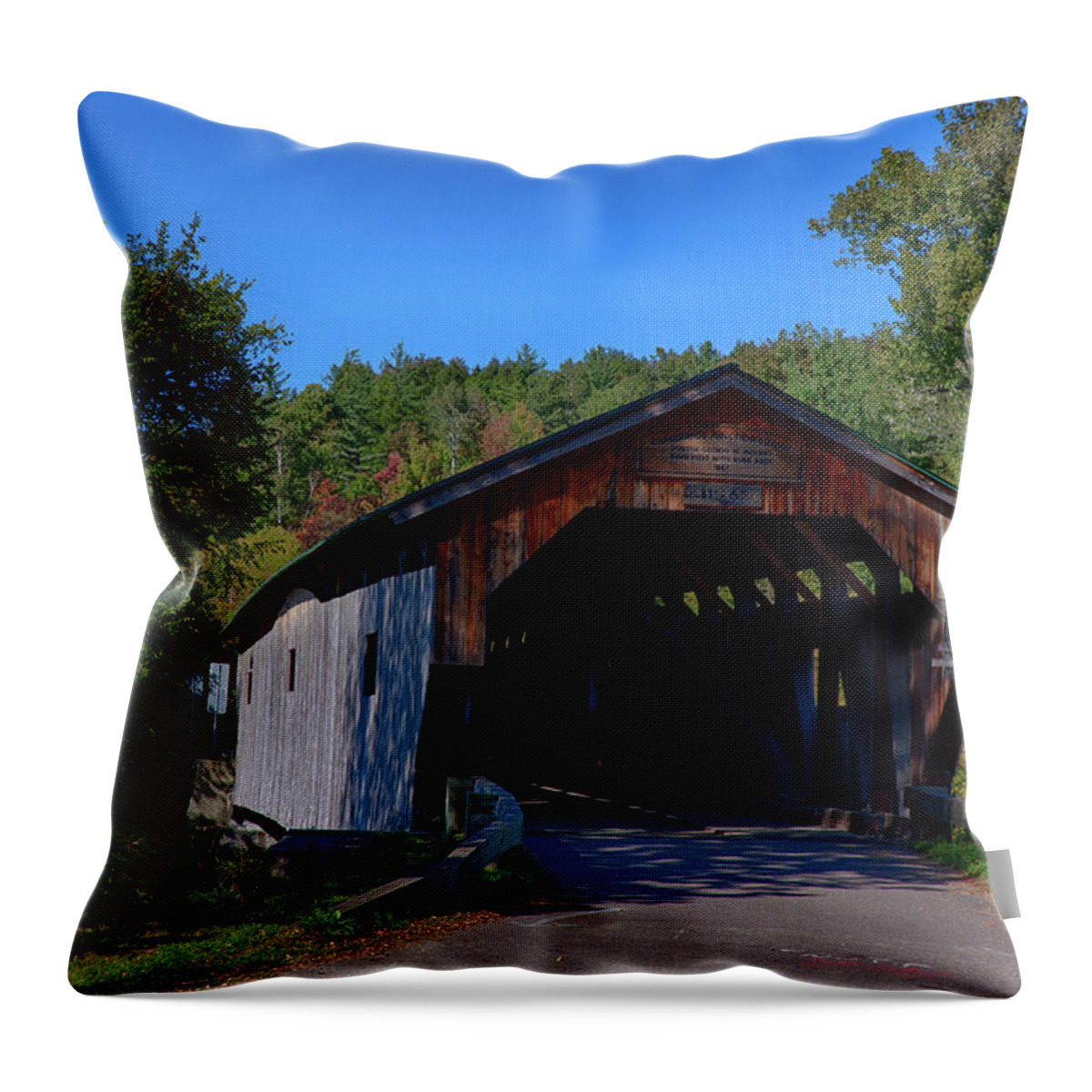 Autumn Foliage New England Throw Pillow featuring the photograph The Cambridge Junction Covered bridge by Jeff Folger
