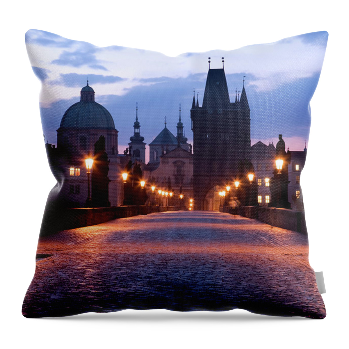 Scenics Throw Pillow featuring the photograph The Charles Bridge At Dawn, Prague by Uyen Le