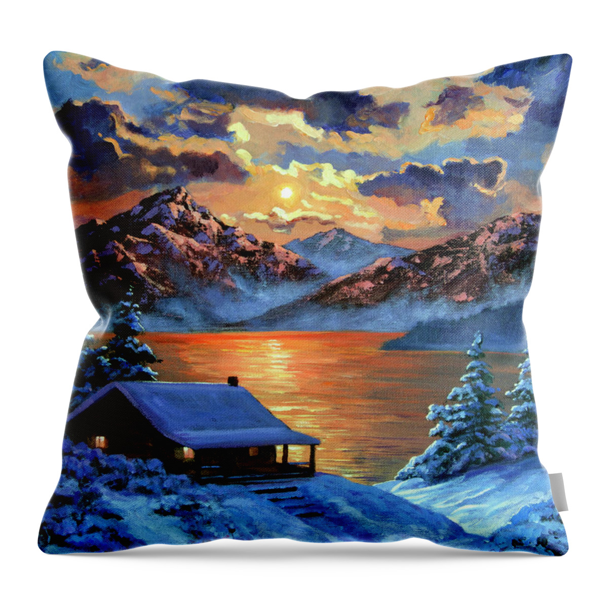 Landscape Throw Pillow featuring the painting The Christmas Morning Cabin by David Lloyd Glover