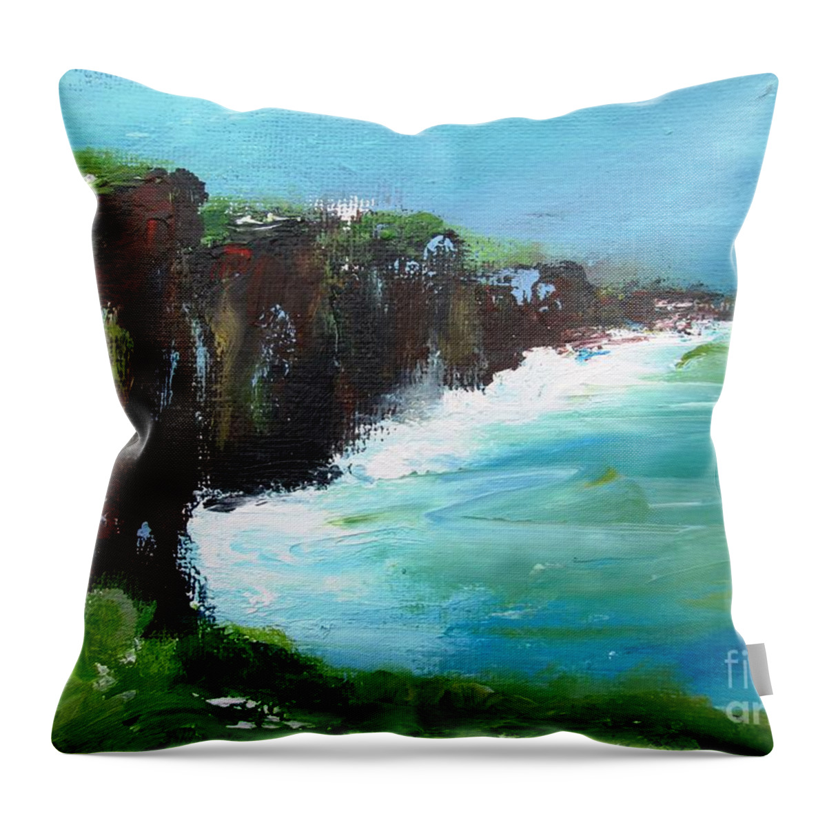 Cliffs Throw Pillow featuring the painting Painting Of The Cliffs Of Moher County Clare Ireland #1 by Mary Cahalan Lee - aka PIXI
