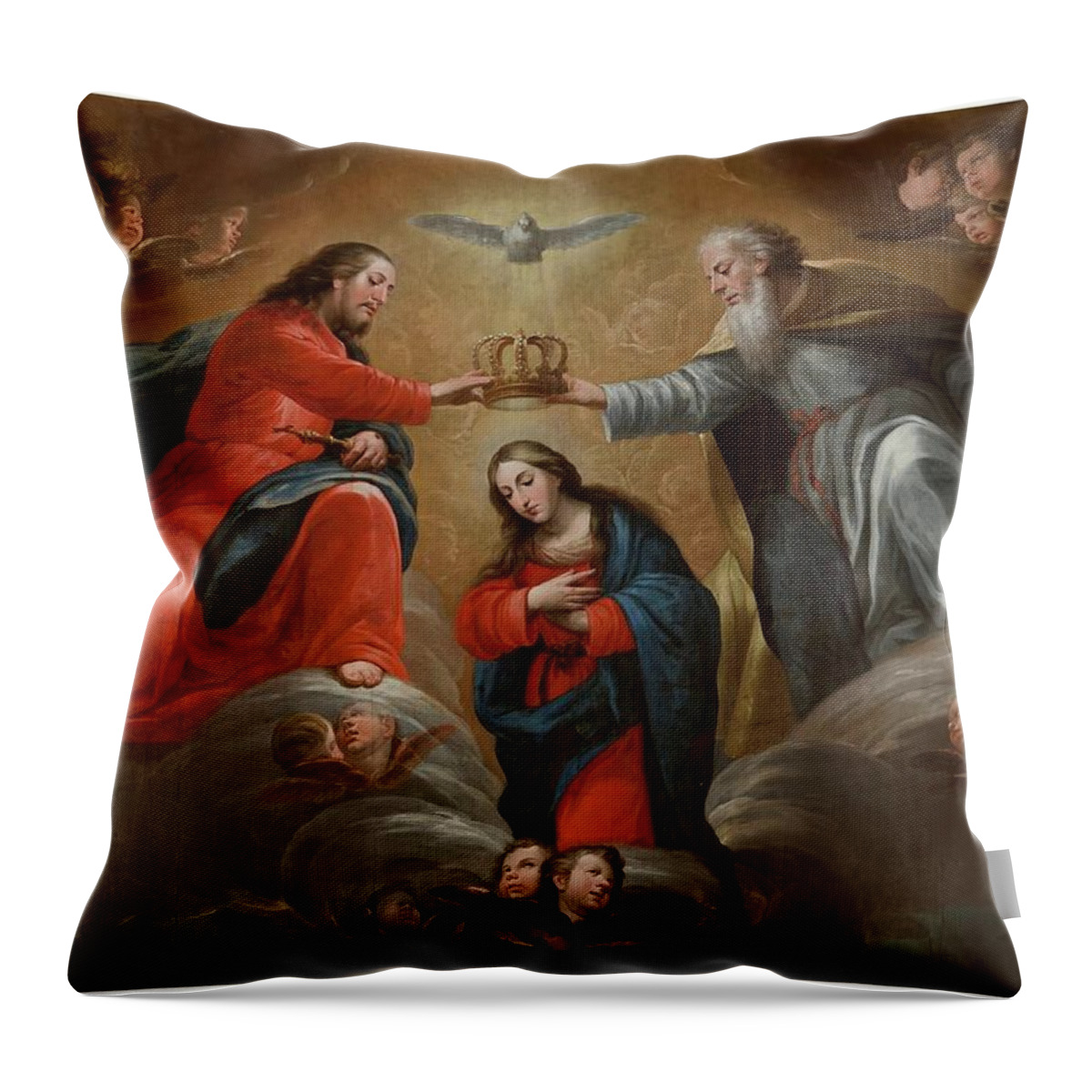 Pedro De Calabria Throw Pillow featuring the painting 'The Coronation of the Virgin'. Late XVII - Early XVIII century. Oil on canvas. by Pedro De Calabria