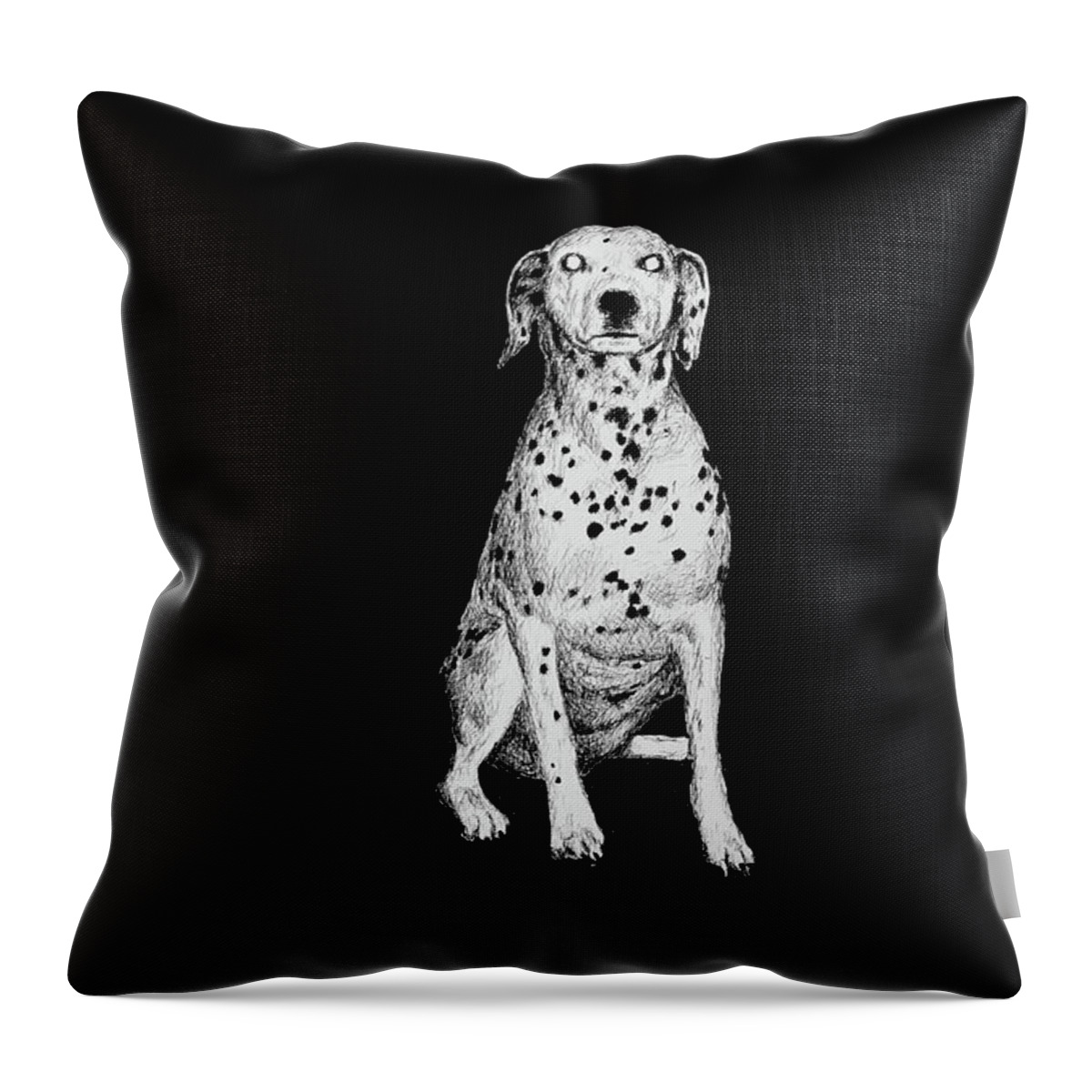 Dalmatian Dog Throw Pillow featuring the drawing The Dog and the Chip of the Beast by Hans Egil Saele