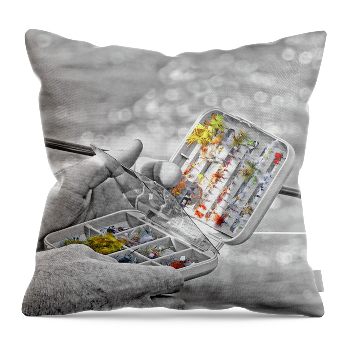 Fly Box Throw Pillow featuring the photograph The Fly Box Monochrome by Jennie Marie Schell