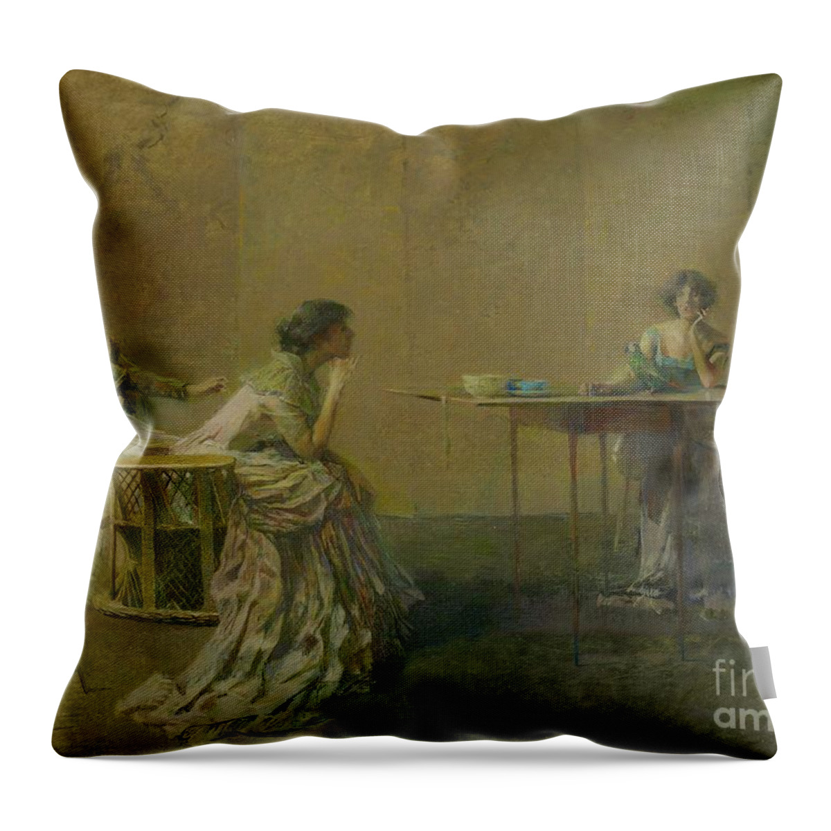 Chatting Throw Pillow featuring the painting The Gossip, C.1907 by Thomas Wilmer Dewing