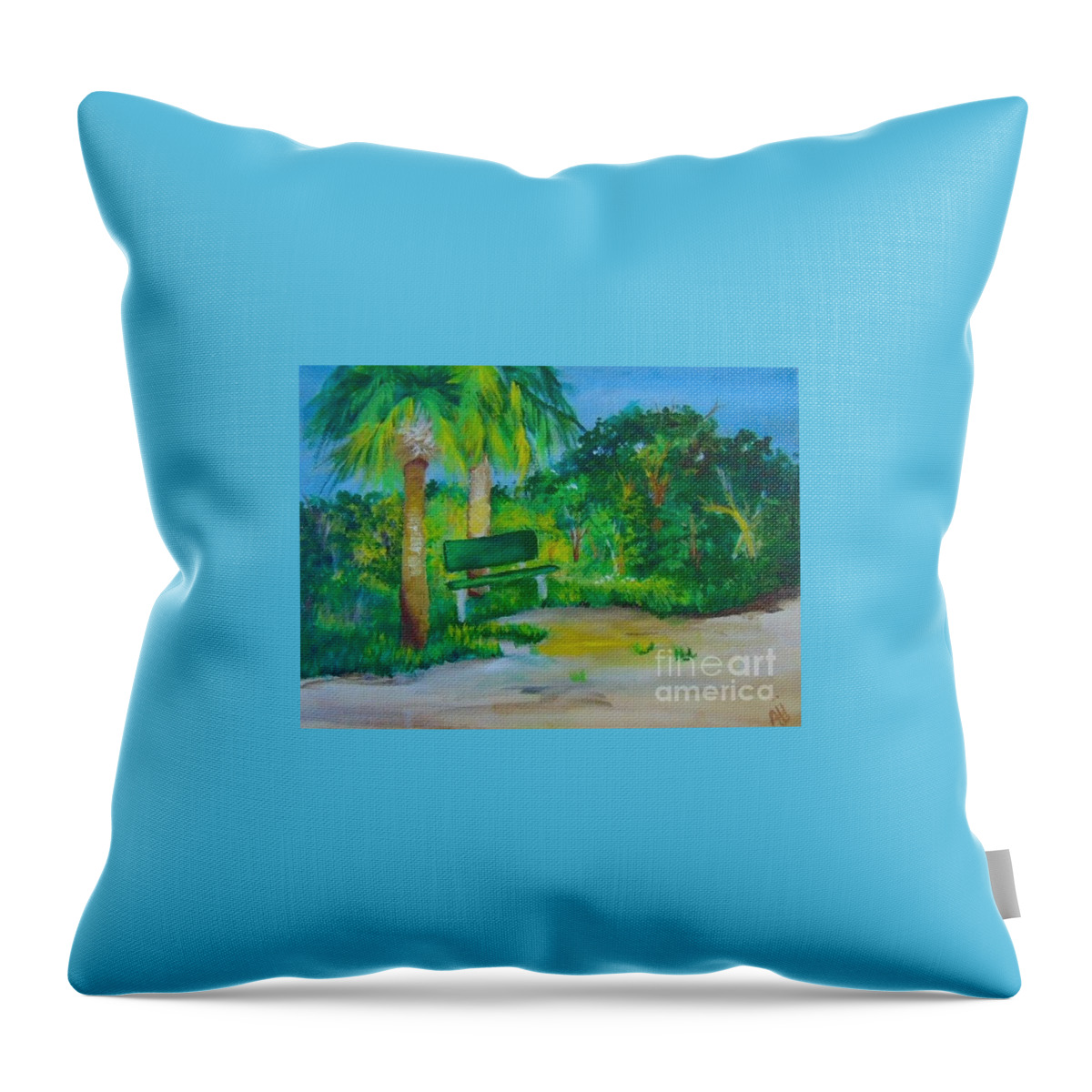 Green Throw Pillow featuring the painting The Green Bench by Saundra Johnson