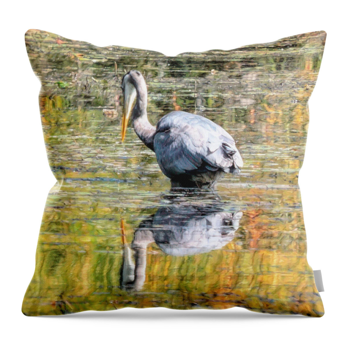 Reflection Throw Pillow featuring the digital art The Heron's Reflection by Susan Hope Finley