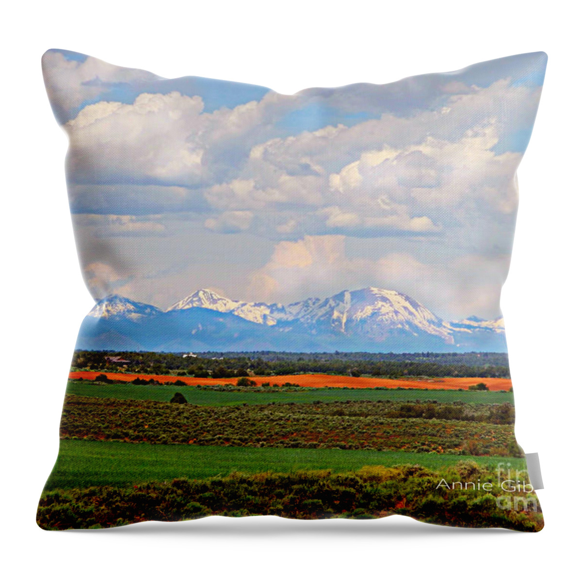 The La Sals Seen From The Dover Creek Area ...spring Time There Is Still Snow On The Mountains ! Throw Pillow featuring the digital art The La Sals seen from the Dove Creek area by Annie Gibbons