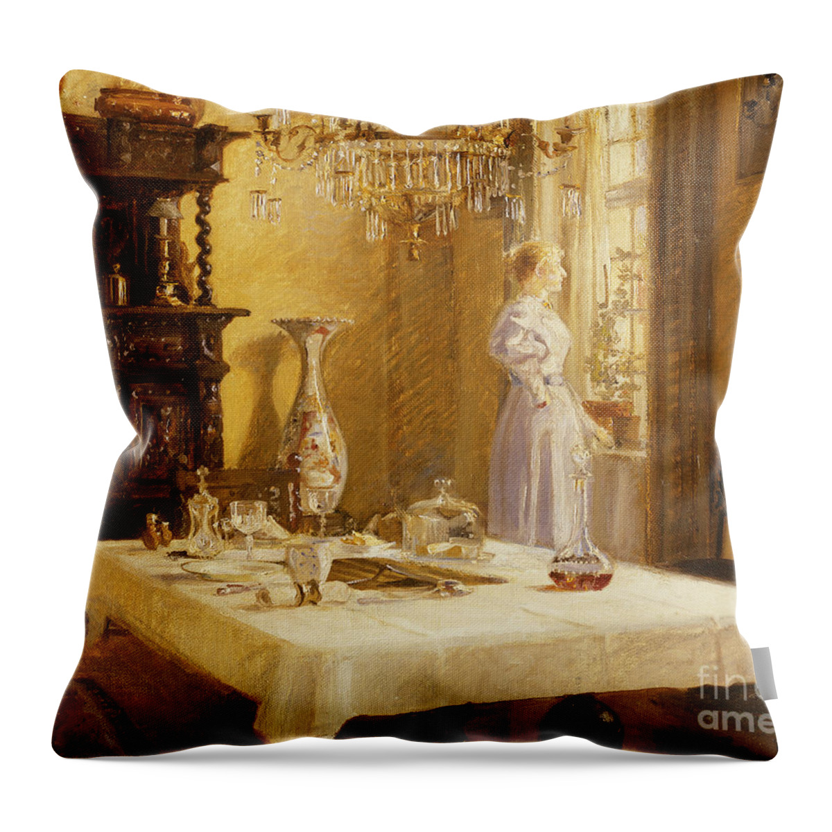 Bottle Throw Pillow featuring the painting The Late Arrival, 1894 by Hans Nikolaj Hansen