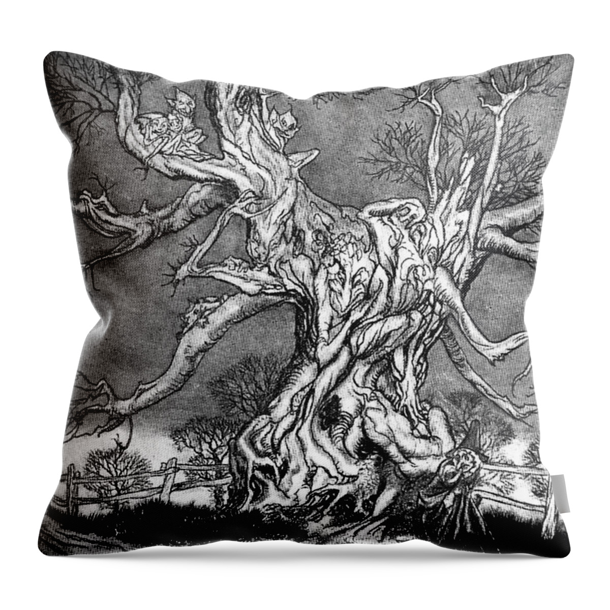 Sleepy Hollow Throw Pillow featuring the drawing The Legend Of Sleepy Hollow by Arthur Rackham