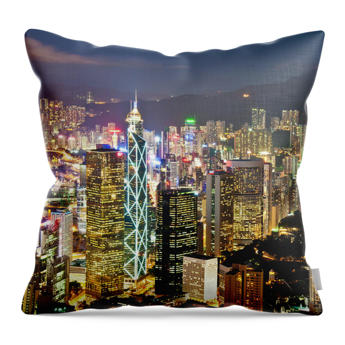 Population Explosion Throw Pillow featuring the photograph The Lights Of Hong Kong Seen Fromthe by Tom Bonaventure