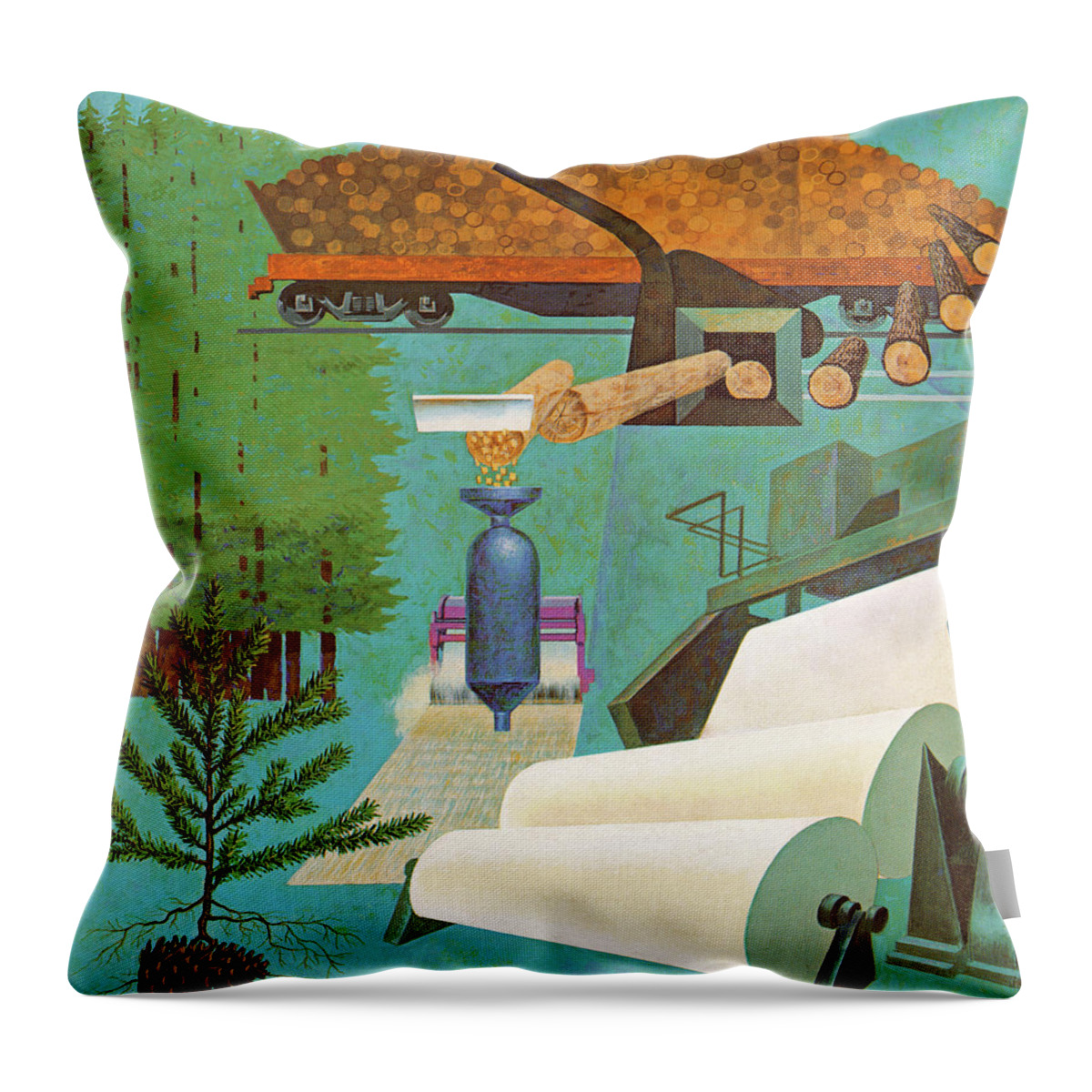 Blue Background Throw Pillow featuring the drawing The Making of Wood into Paper by CSA Images