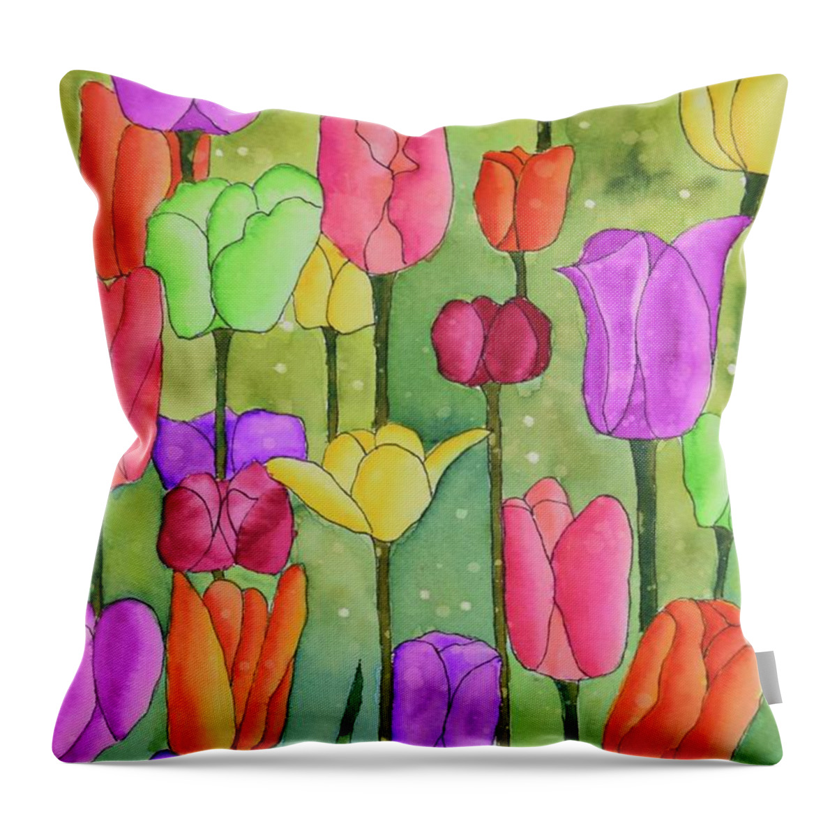 Barrieloustark Throw Pillow featuring the painting #628 The Many Colors Of Tulips #628 by Barrie Stark