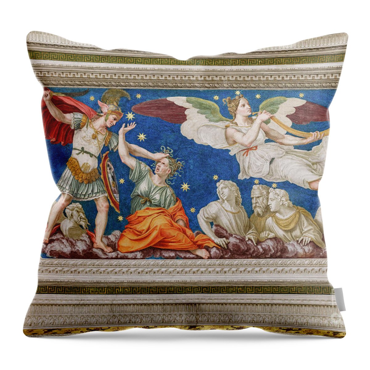 16th Century Throw Pillow featuring the painting The Myth Of Perseus And Gorgon Medusa, And Fame, 1511 by Baldassarre Peruzzi