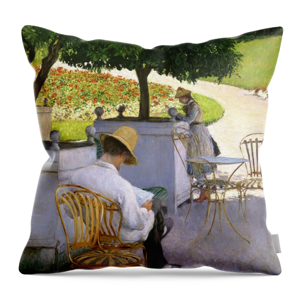 Tree Throw Pillow featuring the photograph The Orange Trees Or The Artist's Brother In His Garden, 1878 by Gustave Caillebotte
