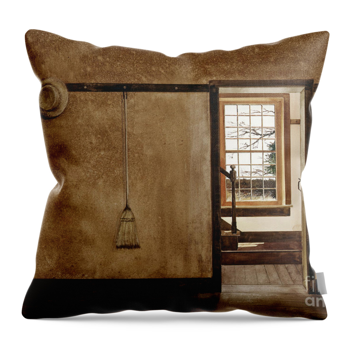 Looking Out A Window Of A Dwelling At The Hancock Shaker Village In Western Massachusetts. Throw Pillow featuring the painting The Outer Hall by Monte Toon
