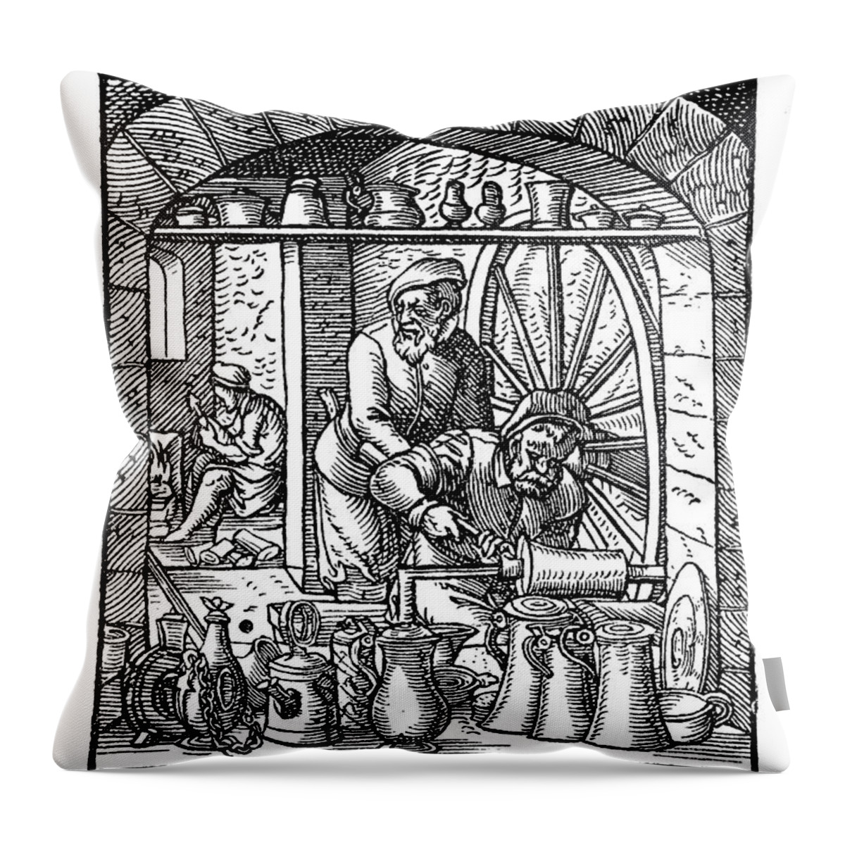 Xvi Century Throw Pillow featuring the drawing The pewter jars maker workshop, XVI century engraving by Luisa Vallon Fumi
