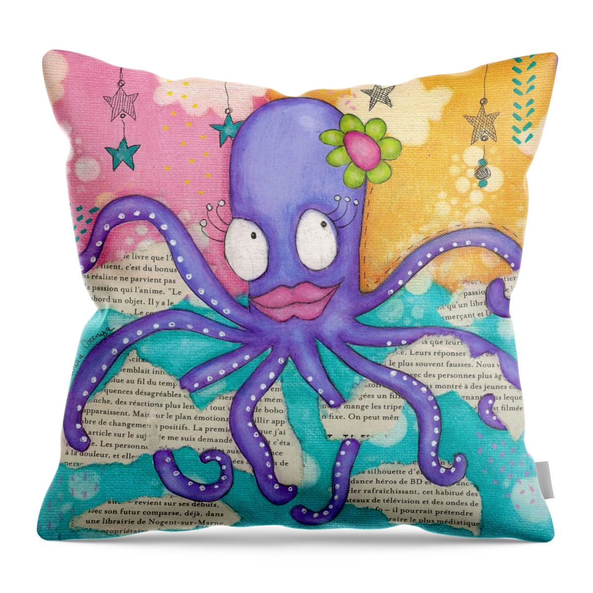 Octopus Throw Pillow featuring the mixed media The pretty octopus by Barbara Orenya