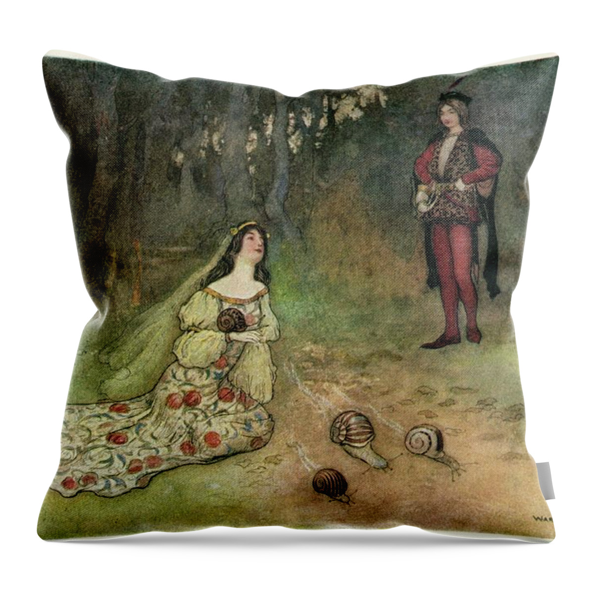 Medieval Throw Pillow featuring the painting The Prince And Filadoro With The Snails by Warwick Goble