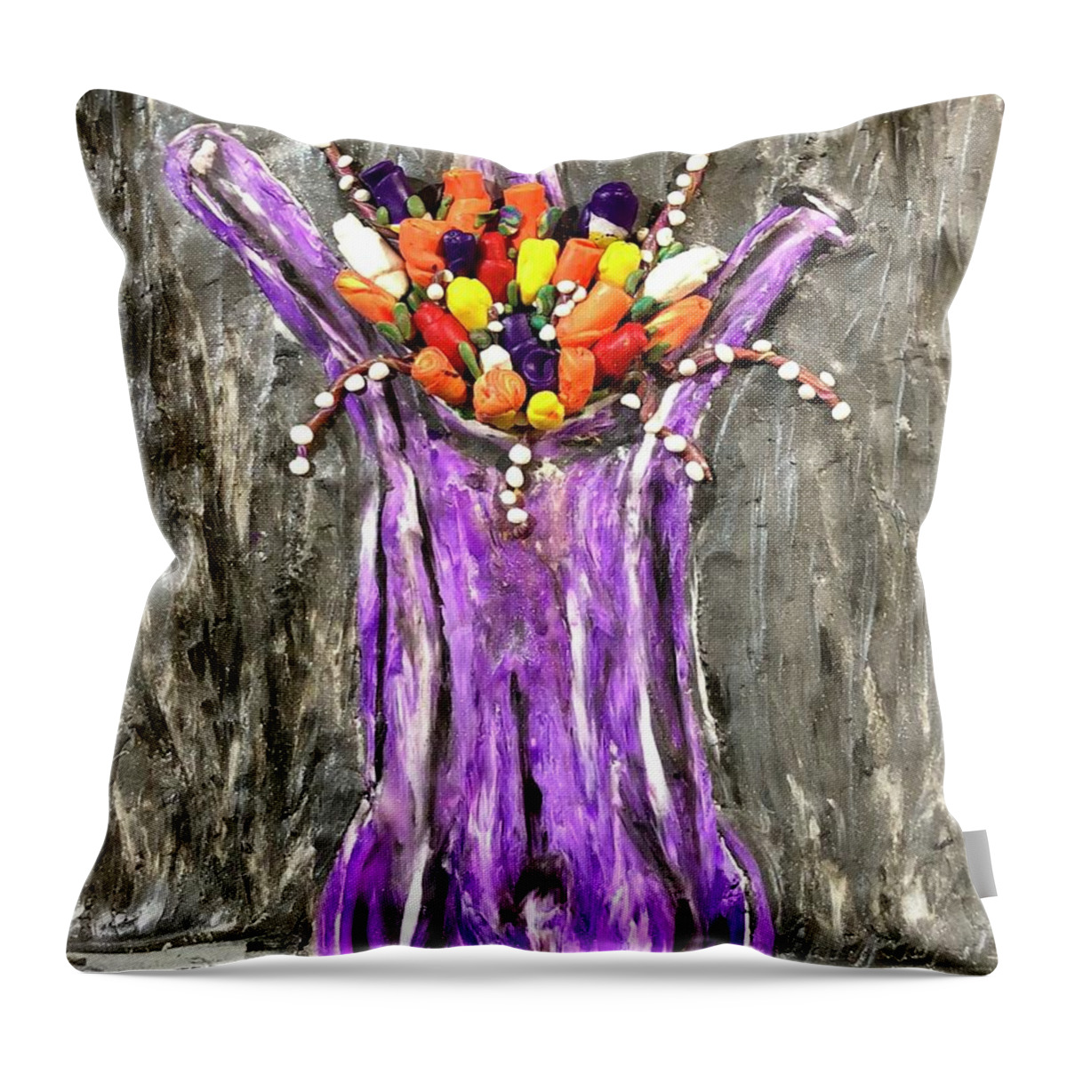  Throw Pillow featuring the mixed media The Purple Vase by Deborah Stanley