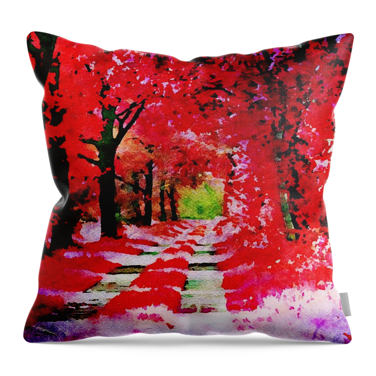 Red Throw Pillow featuring the painting The red autumn forest - Watercolor by Patricia Piotrak