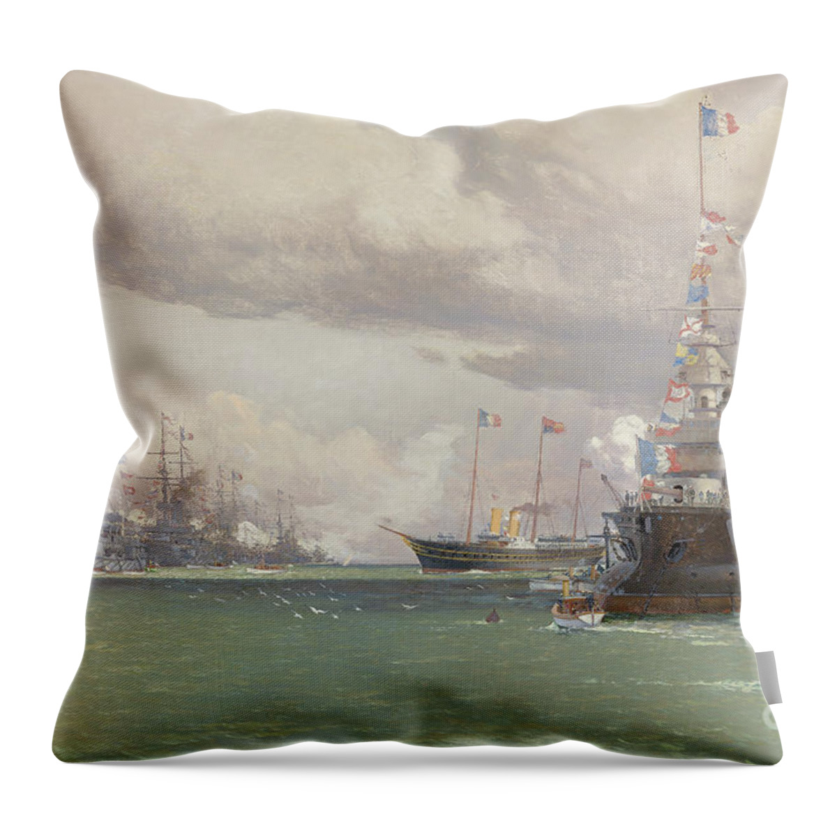 Ocean Throw Pillow featuring the painting The Royal Yacht Victoria and Albert III reviewing the Anglo French fleet in Cowes Road, 1905 by Eduardo de Martino