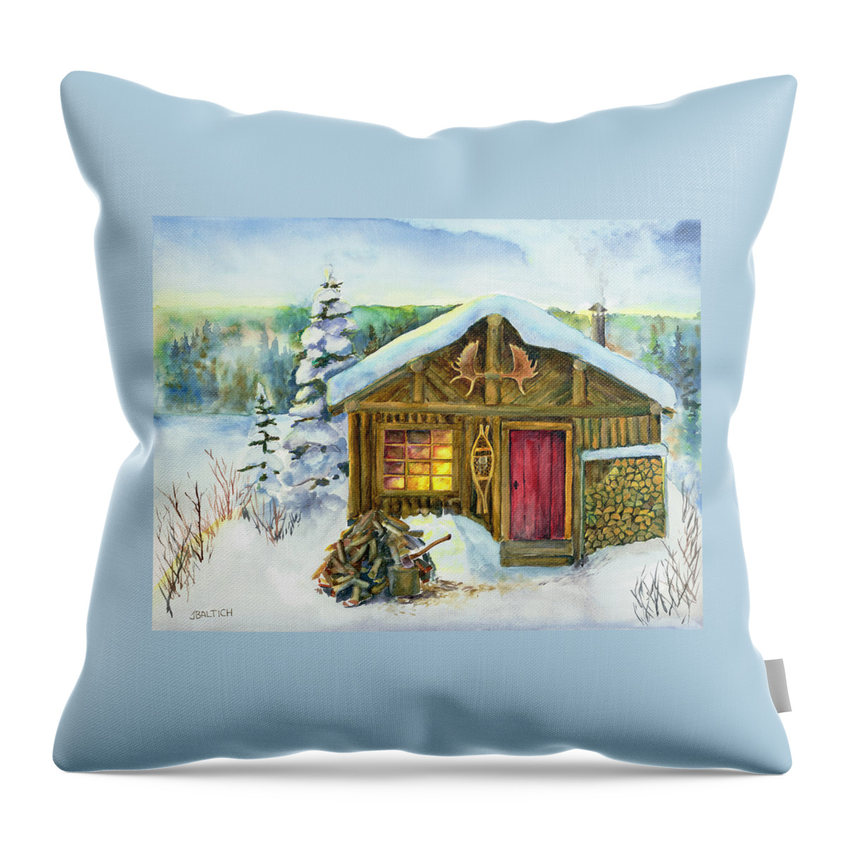 Winter Throw Pillow featuring the painting The Shack by Joe Baltich