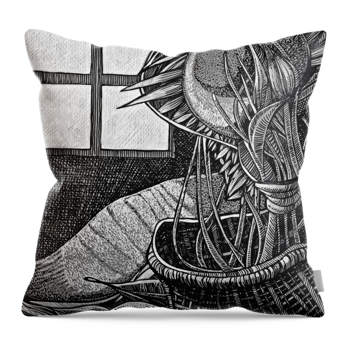 Pen And Ink Sketches Throw Pillow featuring the drawing The splendor of a brief moment in the window by Enrique Zaldivar